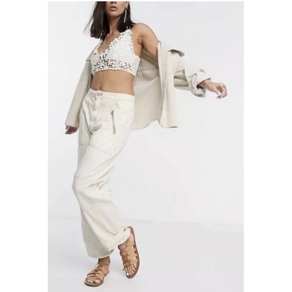FREE PEOPLE Misty Road Crop Utility Pants Ecru‎ Ivory 12 Wide Leg